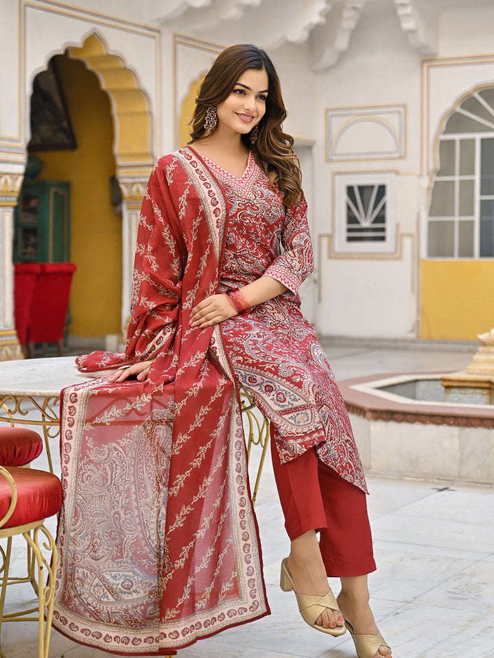 Red-Rayon-Blend-Paisley-Printed-3-Piece-Kurta-Set