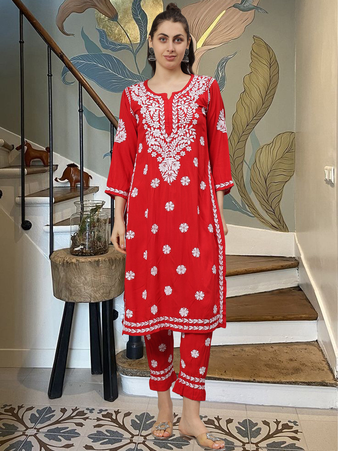 Red-Rayon-Lucknowi-Chikankari-Kurta-with-Pant-Set