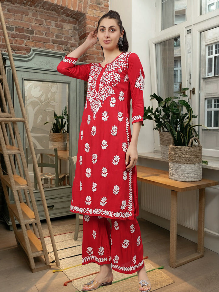 Red-Rayon-Lucknowi-Chikankari-Embroidered-Kurta-&-Pant-Set