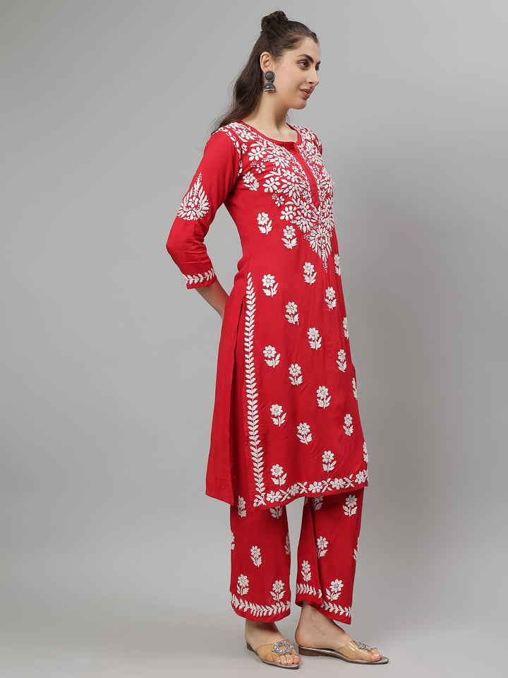 Red-Rayon-Lucknowi-Chikankari-Embroidered-Kurta-&-Pant-Set