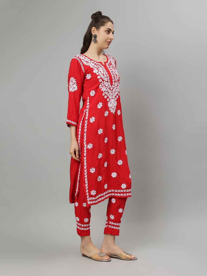 Red-Rayon-Lucknowi-Chikankari-Kurta-with-Pant-Set