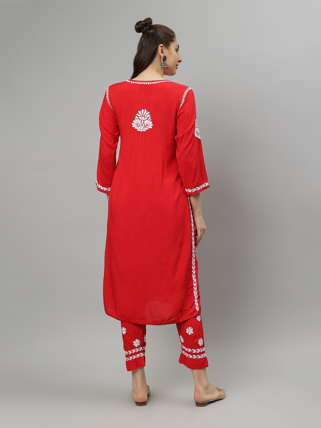 Red-Rayon-Lucknowi-Chikankari-Kurta-with-Pant-Set