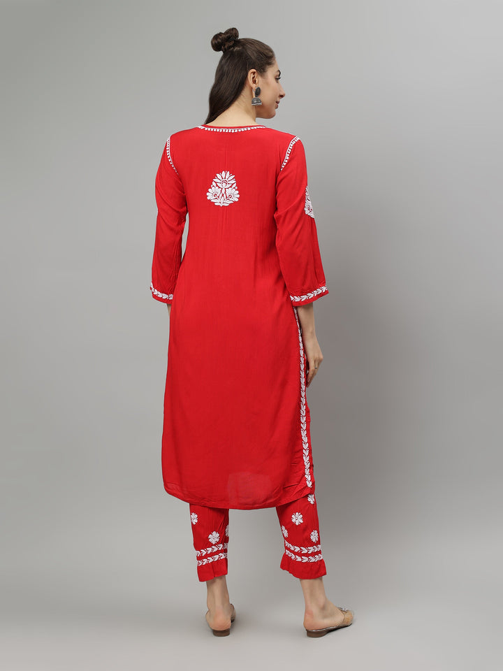 Red-Rayon-Lucknowi-Chikankari-Kurta-with-Pant-Set