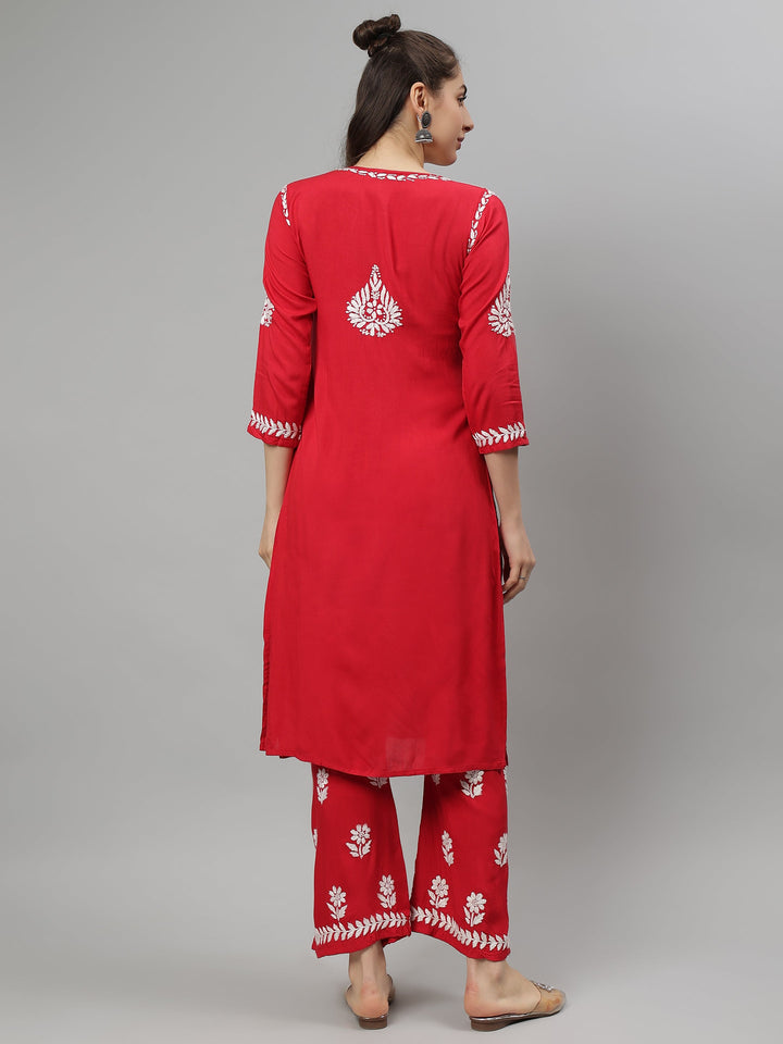 Red-Rayon-Lucknowi-Chikankari-Embroidered-Kurta-&-Pant-Set