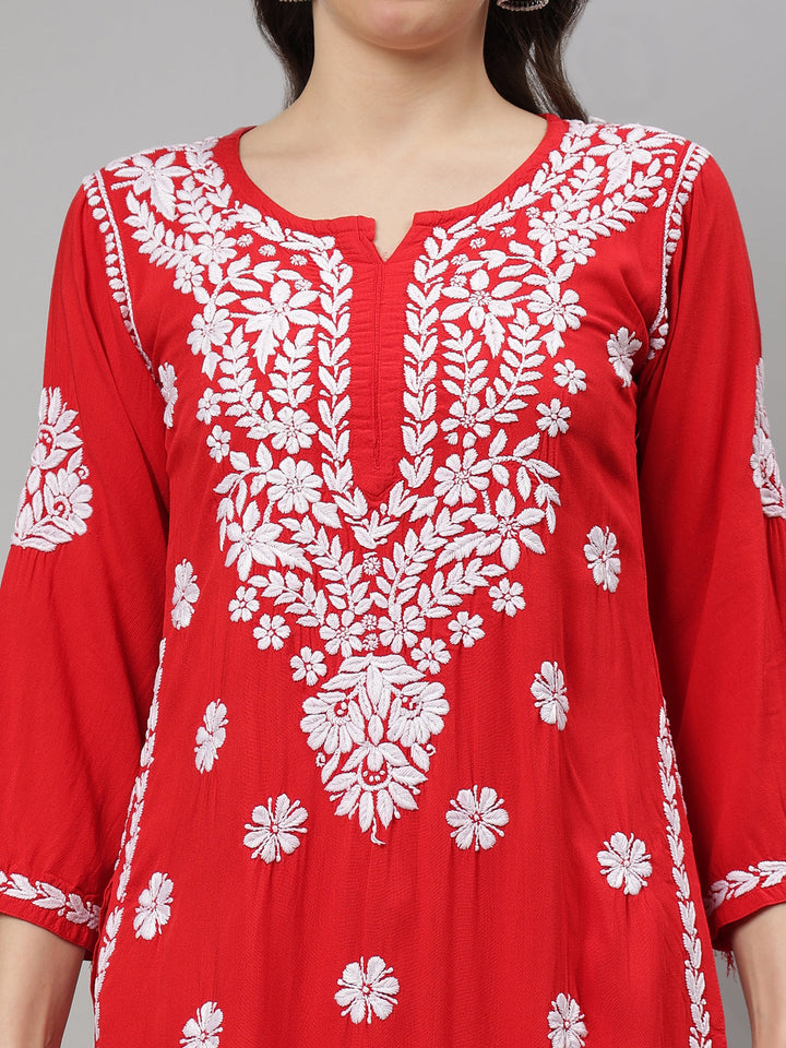Red-Rayon-Lucknowi-Chikankari-Kurta-with-Pant-Set
