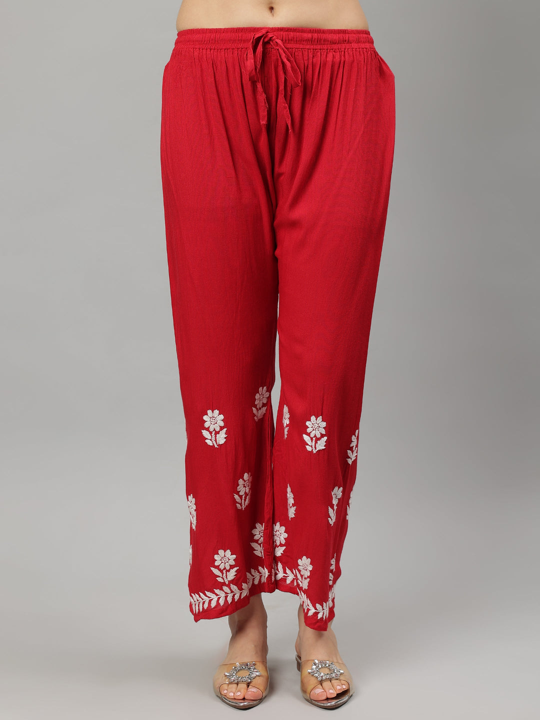Red-Rayon-Lucknowi-Chikankari-Embroidered-Kurta-&-Pant-Set