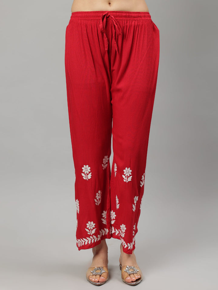 Red-Rayon-Lucknowi-Chikankari-Embroidered-Kurta-&-Pant-Set