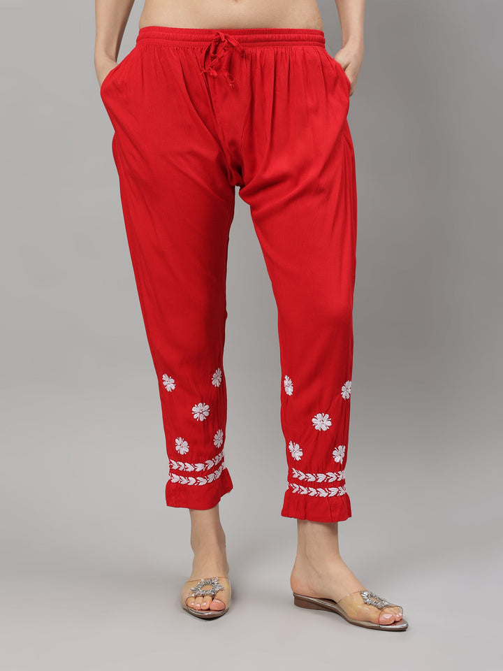 Red-Rayon-Lucknowi-Chikankari-Kurta-with-Pant-Set