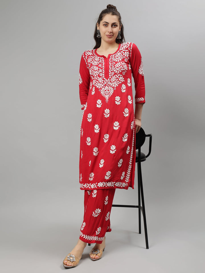 Red-Rayon-Lucknowi-Chikankari-Embroidered-Kurta-&-Pant-Set