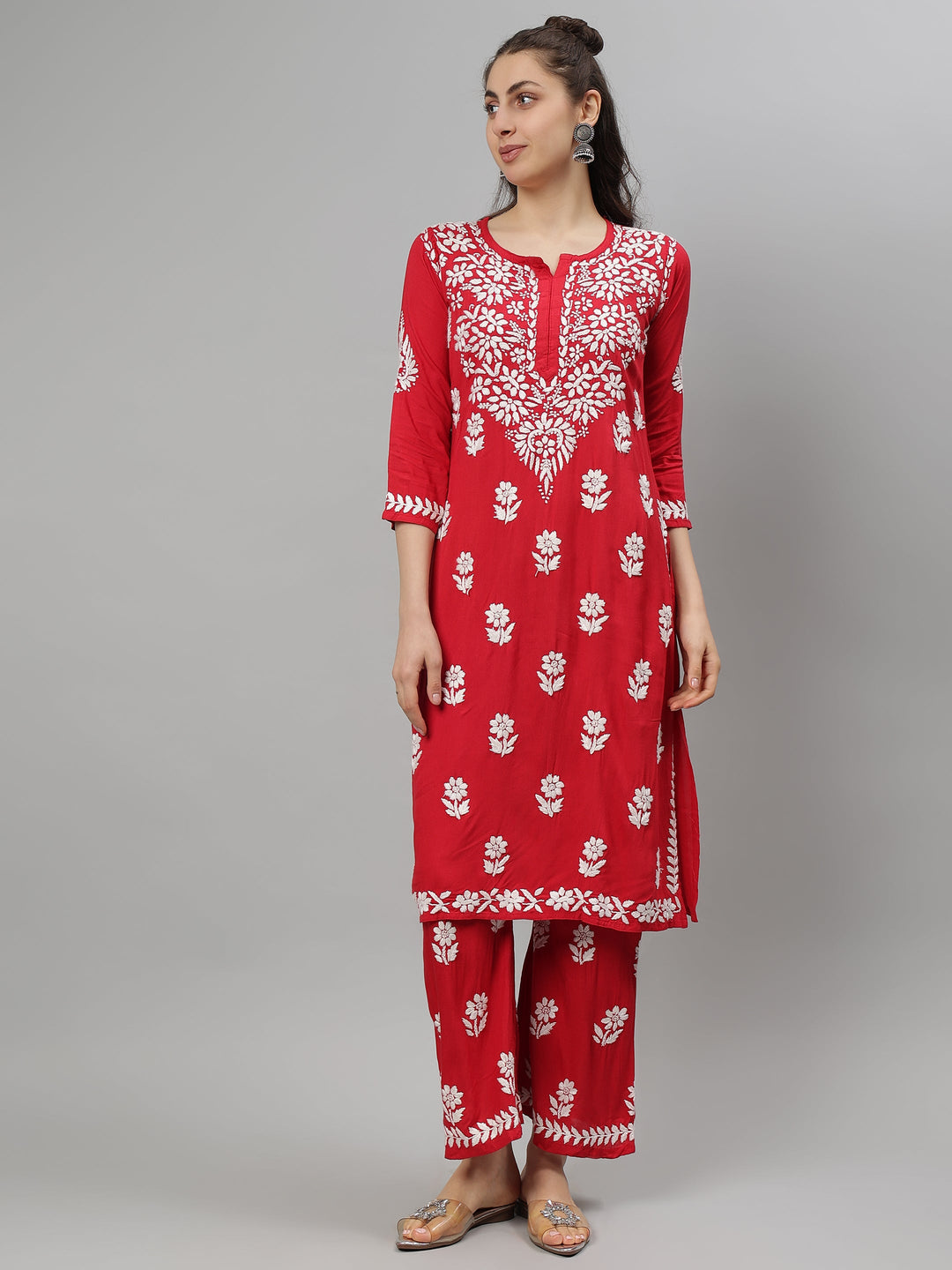 Red-Rayon-Lucknowi-Chikankari-Embroidered-Kurta-&-Pant-Set