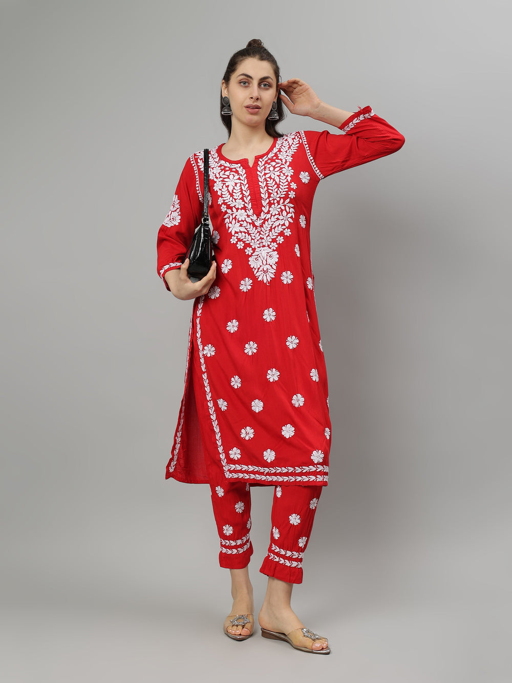 Red-Rayon-Lucknowi-Chikankari-Kurta-with-Pant-Set