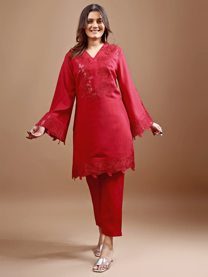 Red-Silk-Blend-Heavy-Sequence-Work-Co-Ord-Set
