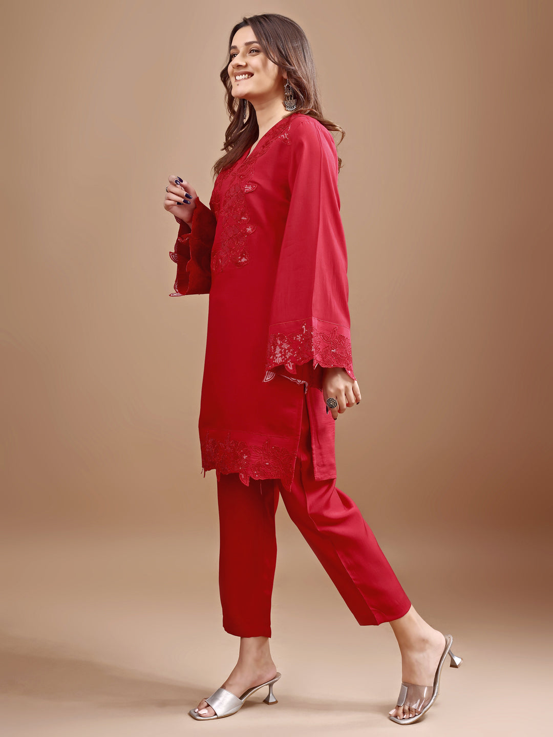 Red-Silk-Blend-Heavy-Sequence-Work-Co-Ord-Set