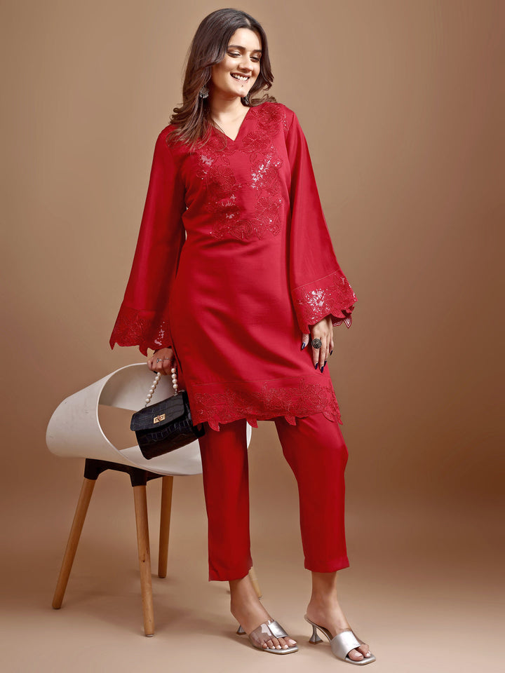 Red-Silk-Blend-Heavy-Sequence-Work-Co-Ord-Set