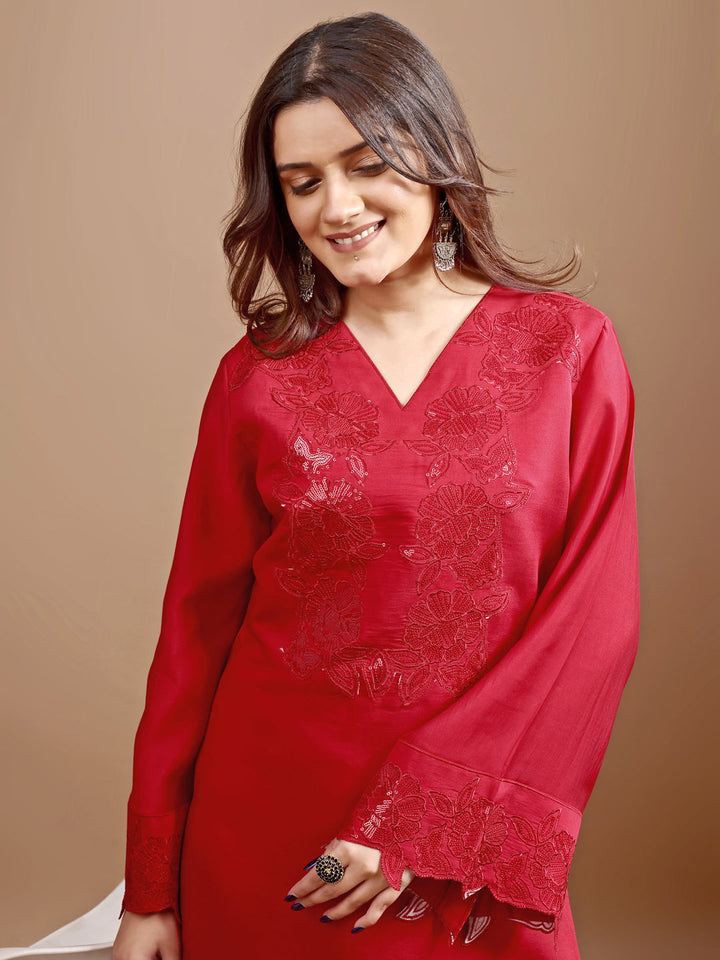 Red-Silk-Blend-Heavy-Sequence-Work-Co-Ord-Set