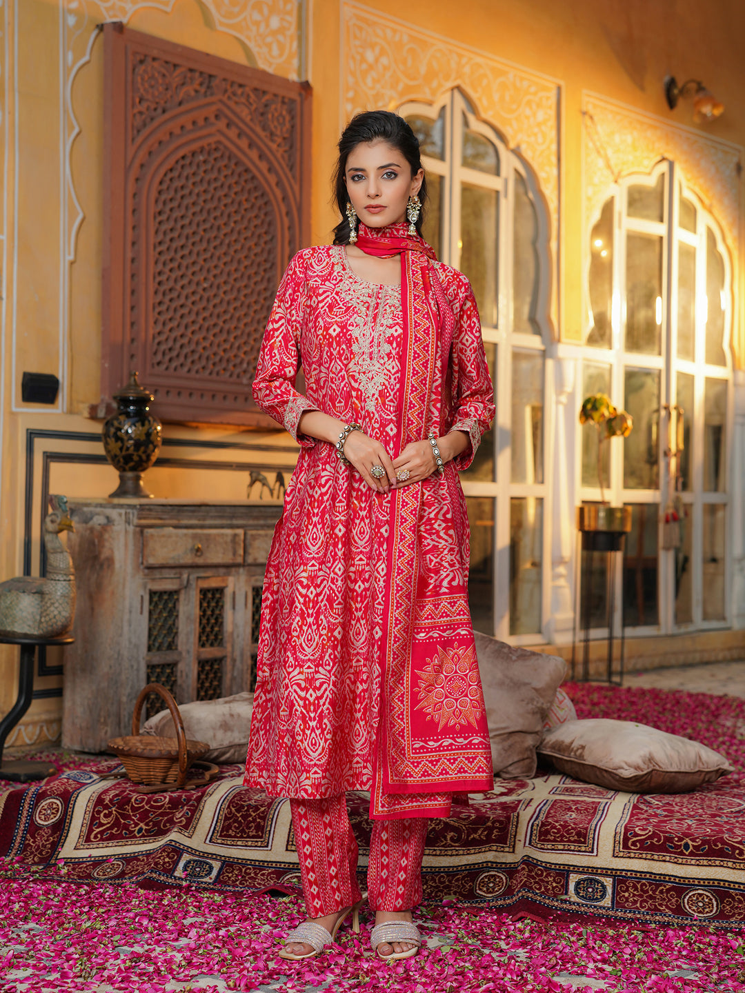 Red-Silk-Blend-Ikat-Embroidered-3-Piece-Kurta-Set