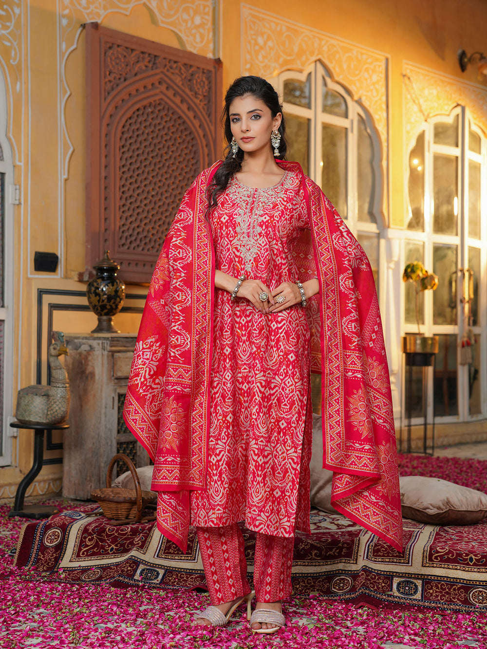 Red-Silk-Blend-Ikat-Embroidered-3-Piece-Kurta-Set
