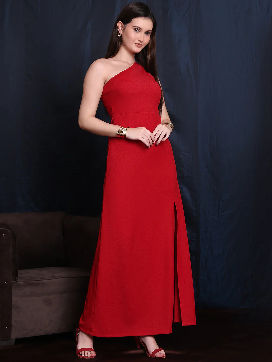 Red-Spandex-Ravishing-One-Shoulder-Design-Unique-Dress