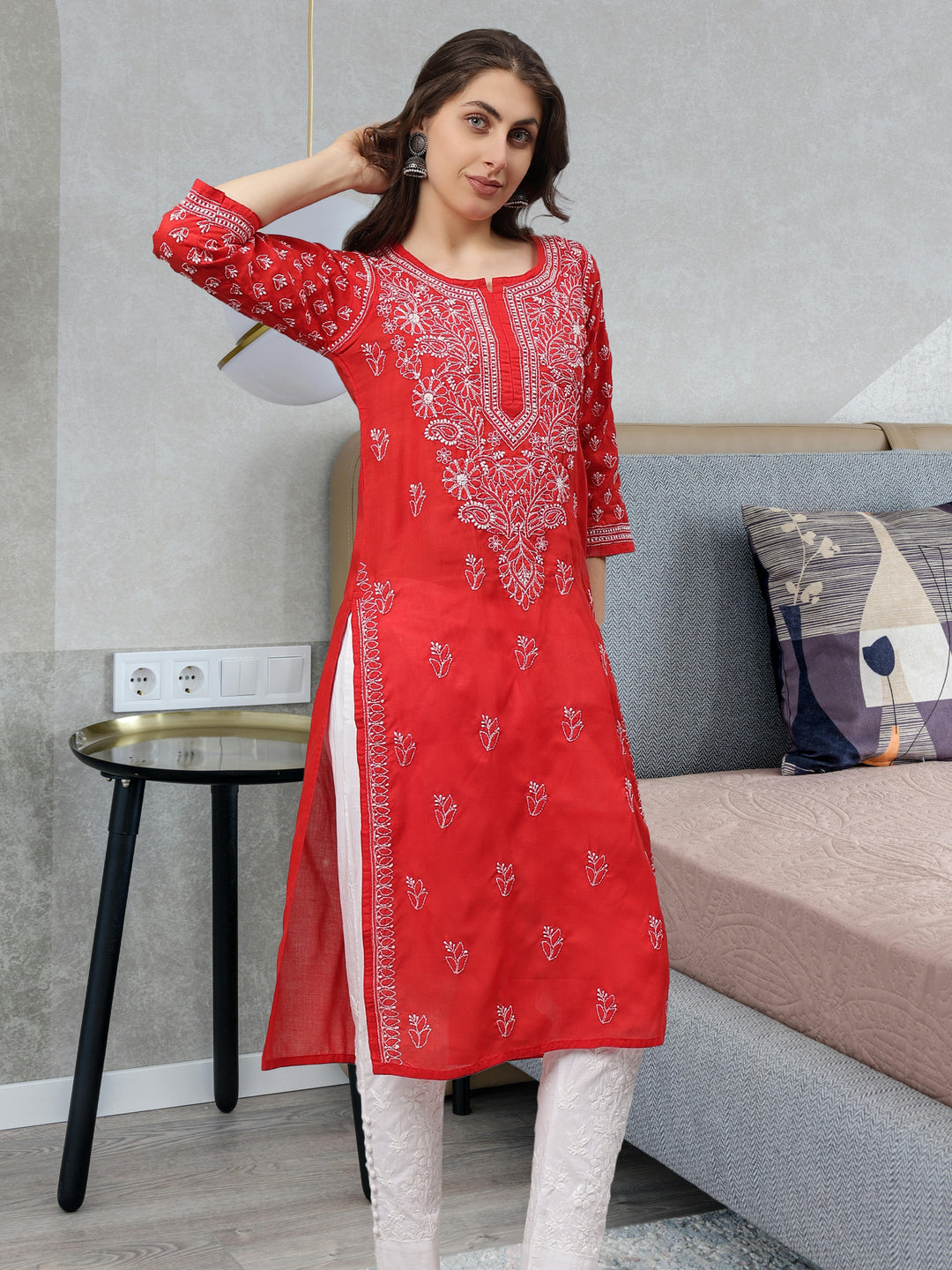 Red-Terivoil-Cotton-Hand-Embroidered-Chikankari-Kurta-Only