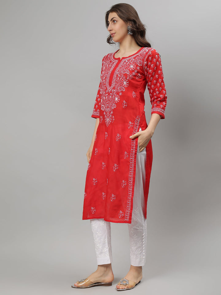 Red-Terivoil-Cotton-Hand-Embroidered-Chikankari-Kurta-Only