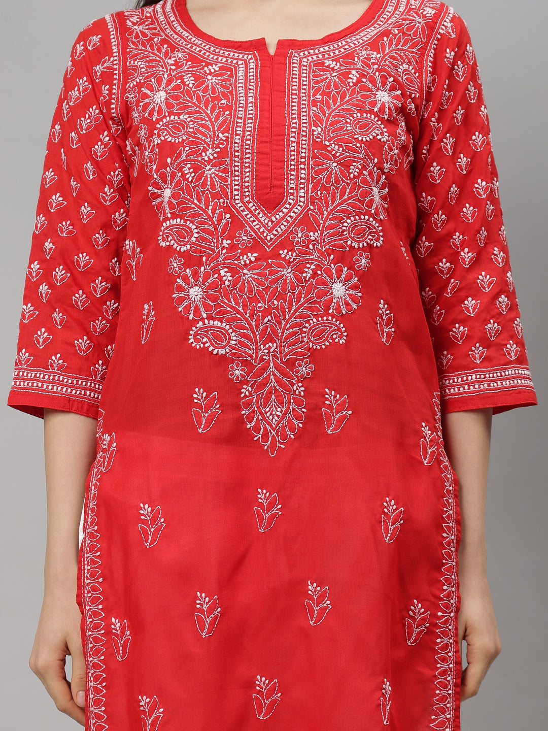 Red-Terivoil-Cotton-Hand-Embroidered-Chikankari-Kurta-Only