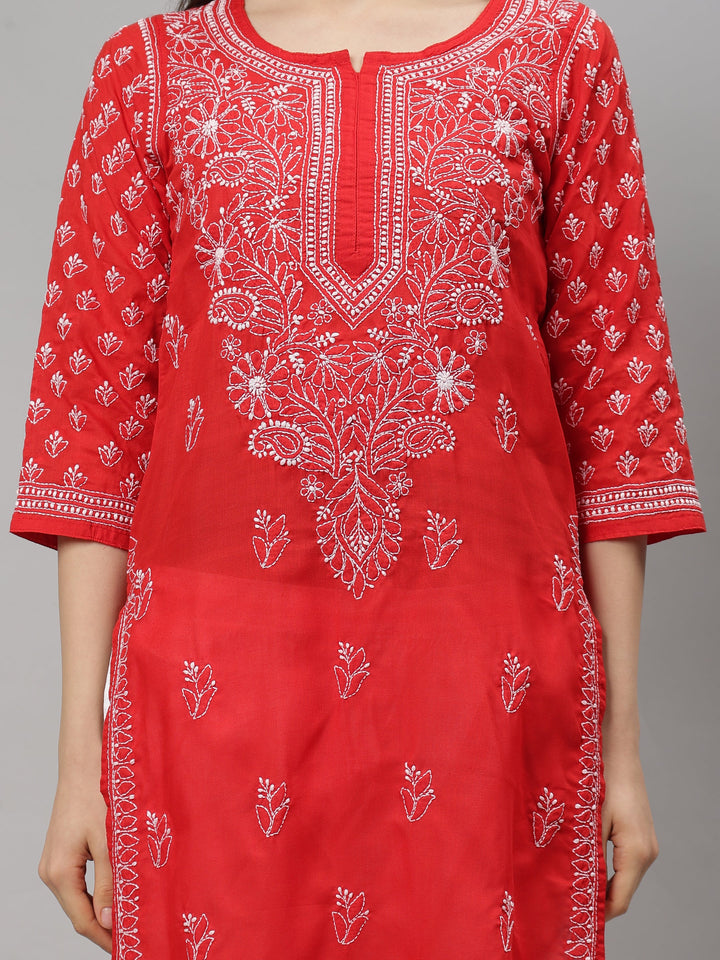 Red-Terivoil-Cotton-Hand-Embroidered-Chikankari-Kurta-Only