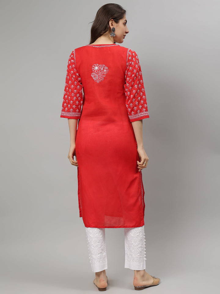 Red-Terivoil-Cotton-Hand-Embroidered-Chikankari-Kurta-Only
