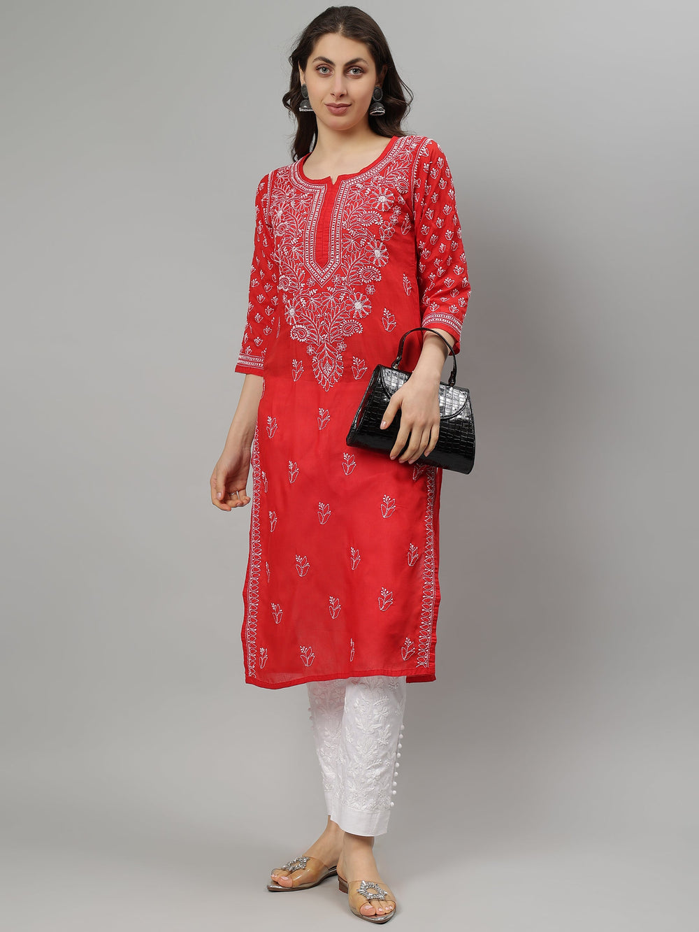 Red-Terivoil-Cotton-Hand-Embroidered-Chikankari-Kurta-Only