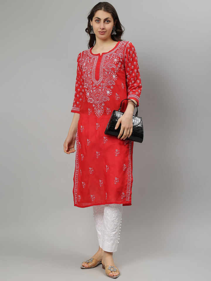 Red-Terivoil-Cotton-Hand-Embroidered-Chikankari-Kurta-Only