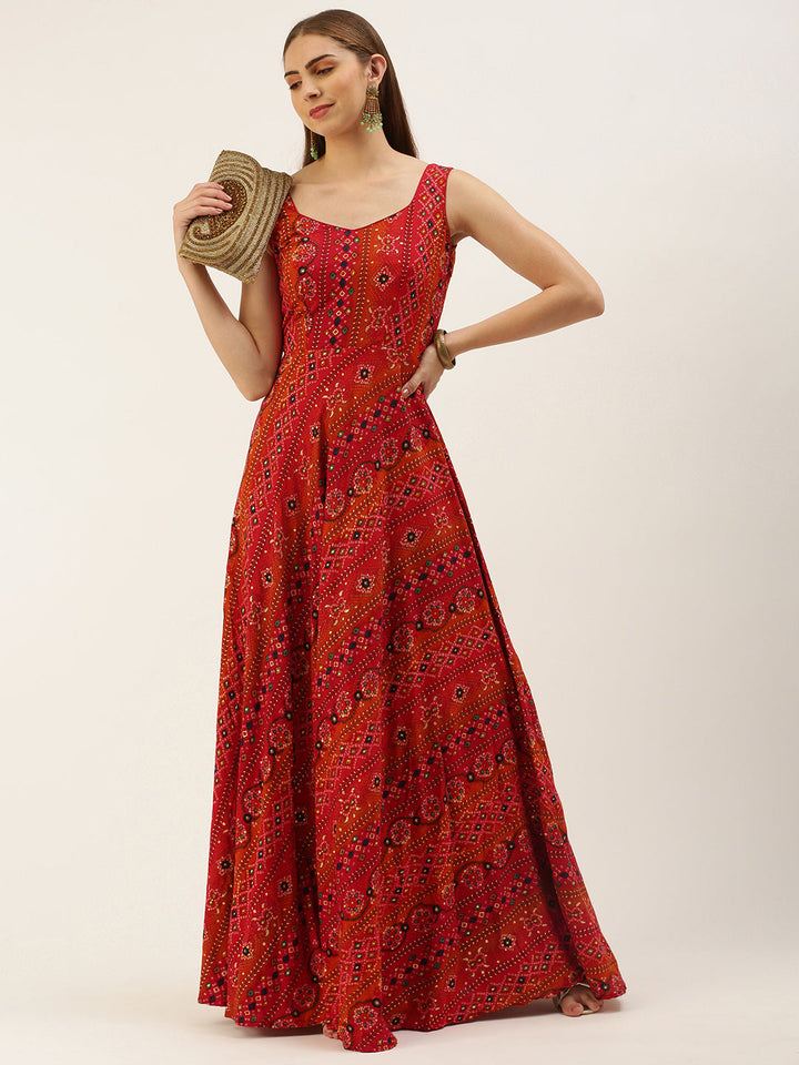 Reddish Rust & Orange Bandhani Print Sleeveless Dress