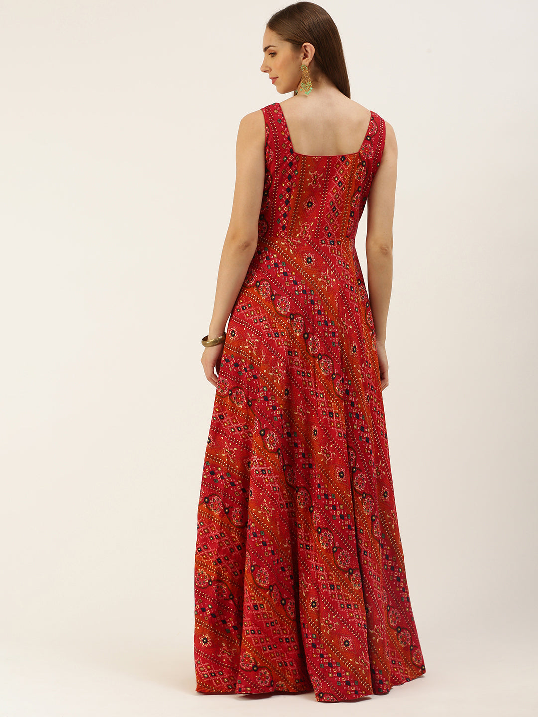 Reddish Rust & Orange Bandhani Print Sleeveless Dress