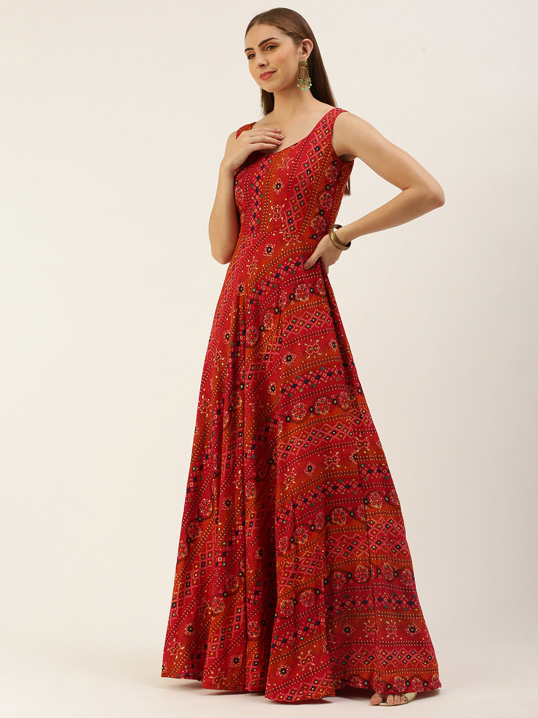 Reddish Rust & Orange Bandhani Print Sleeveless Dress