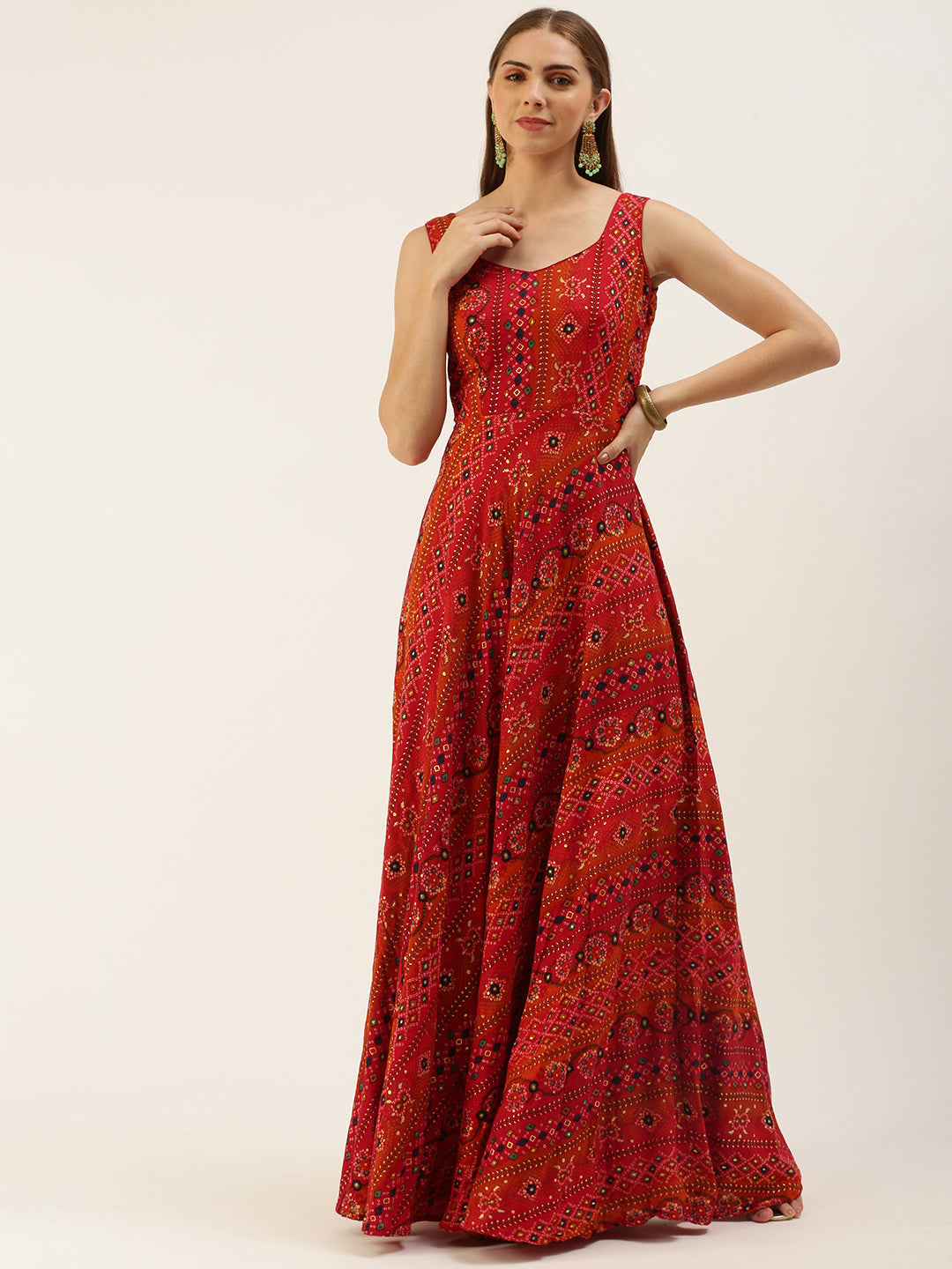 Reddish Rust & Orange Bandhani Print Sleeveless Dress