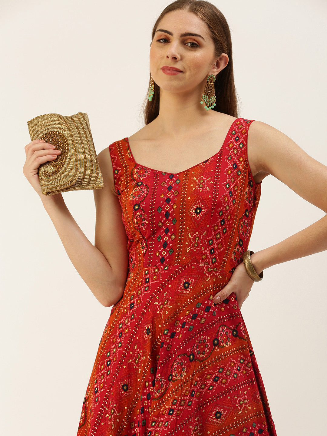 Reddish Rust & Orange Bandhani Print Sleeveless Dress