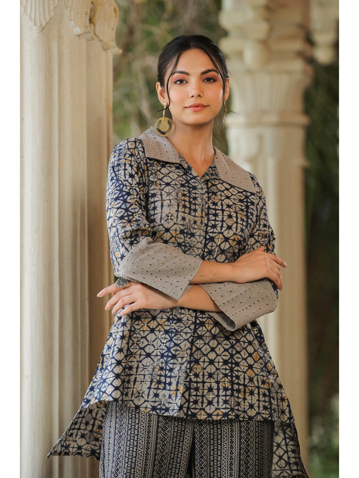 Rock Grey & Blue Chanderi Schiffli Co-Ord Set