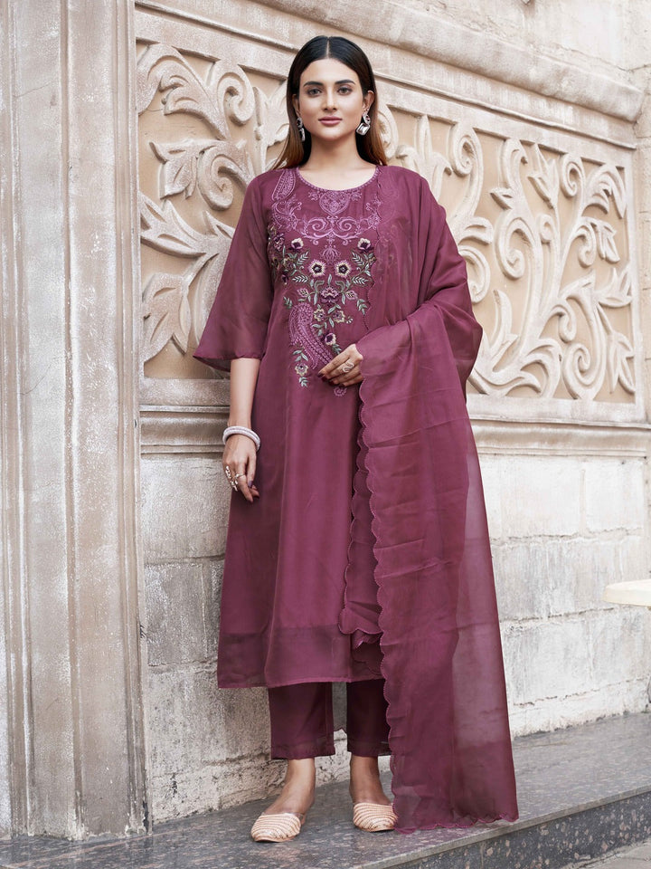 Rose-Dark-Pink-Organza-Embroidered-A-Line-3-Piece-Kurta-Set