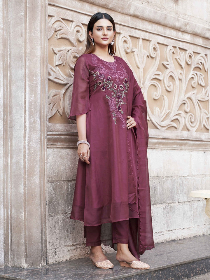 Rose-Dark-Pink-Organza-Embroidered-A-Line-3-Piece-Kurta-Set