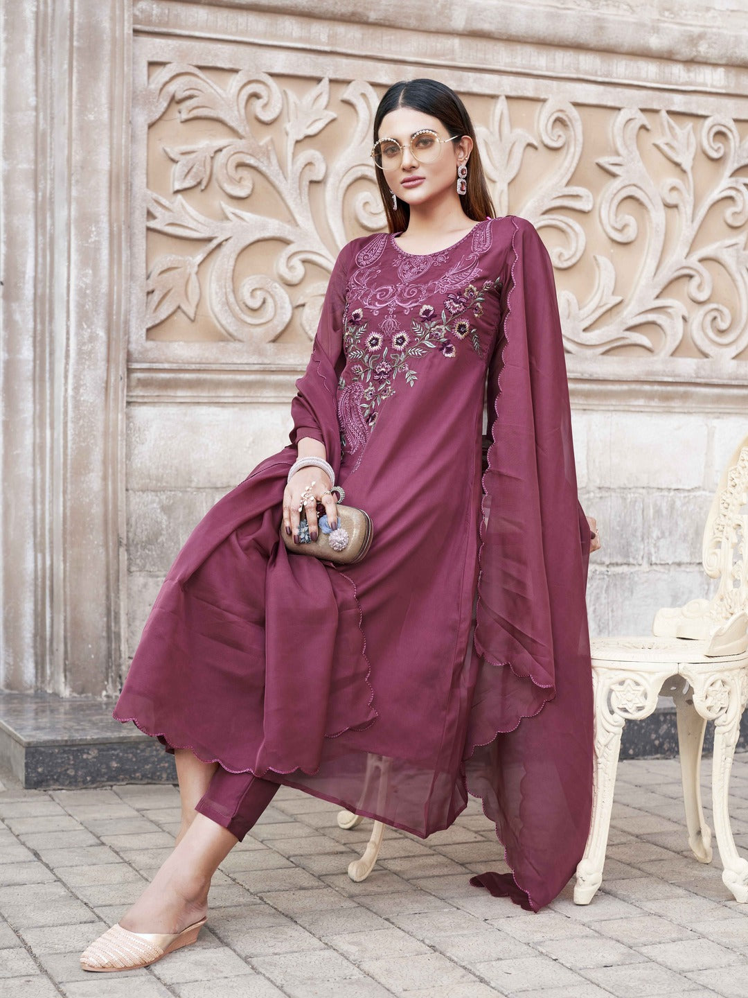 Rose-Dark-Pink-Organza-Embroidered-A-Line-3-Piece-Kurta-Set