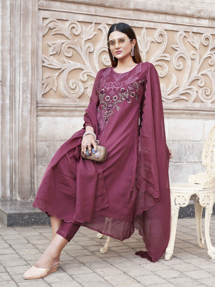 Rose-Dark-Pink-Organza-Embroidered-A-Line-3-Piece-Kurta-Set