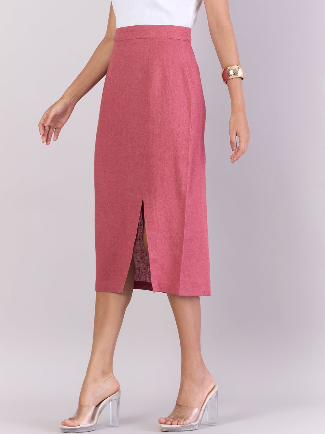 Rose-Pink-Linen-Blend-A-Line-High-Waisted-Skirt