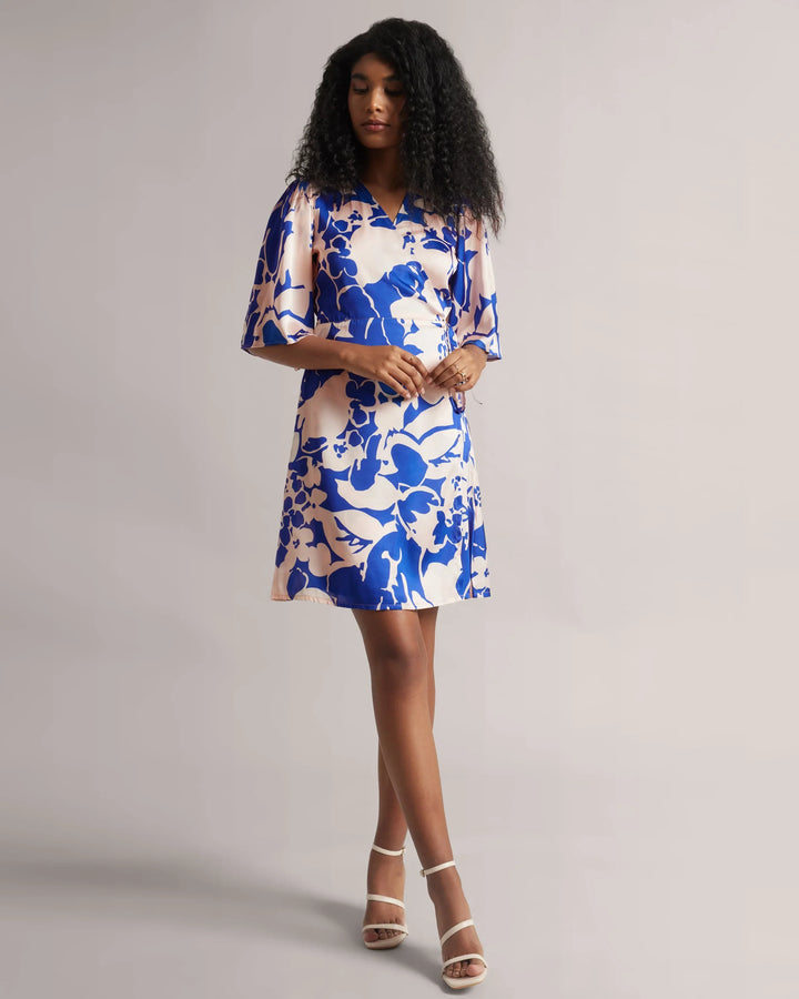 Royal Blue Abstract Print Wrap Mini Dress