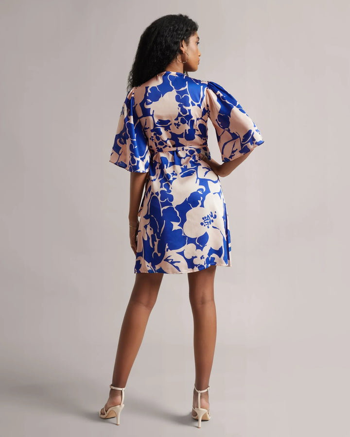 Royal Blue Abstract Print Wrap Mini Dress