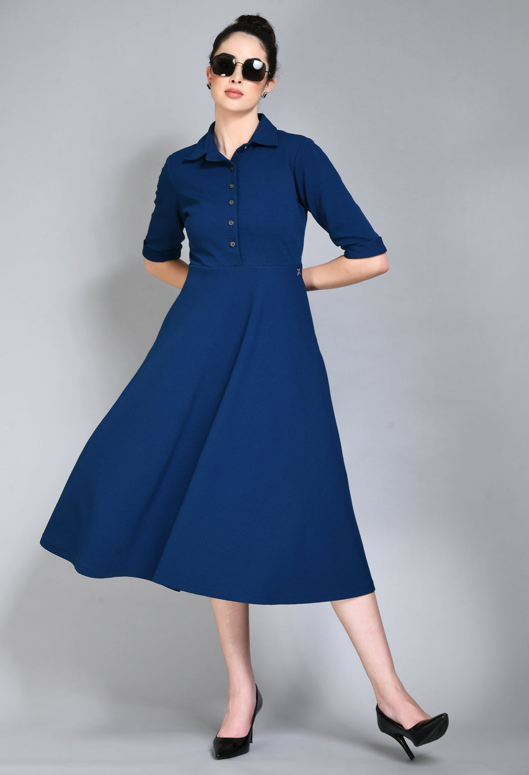 Royal-Blue-Cotton-Blend-Fit-&-Flared-Shirt-Midi-Dress