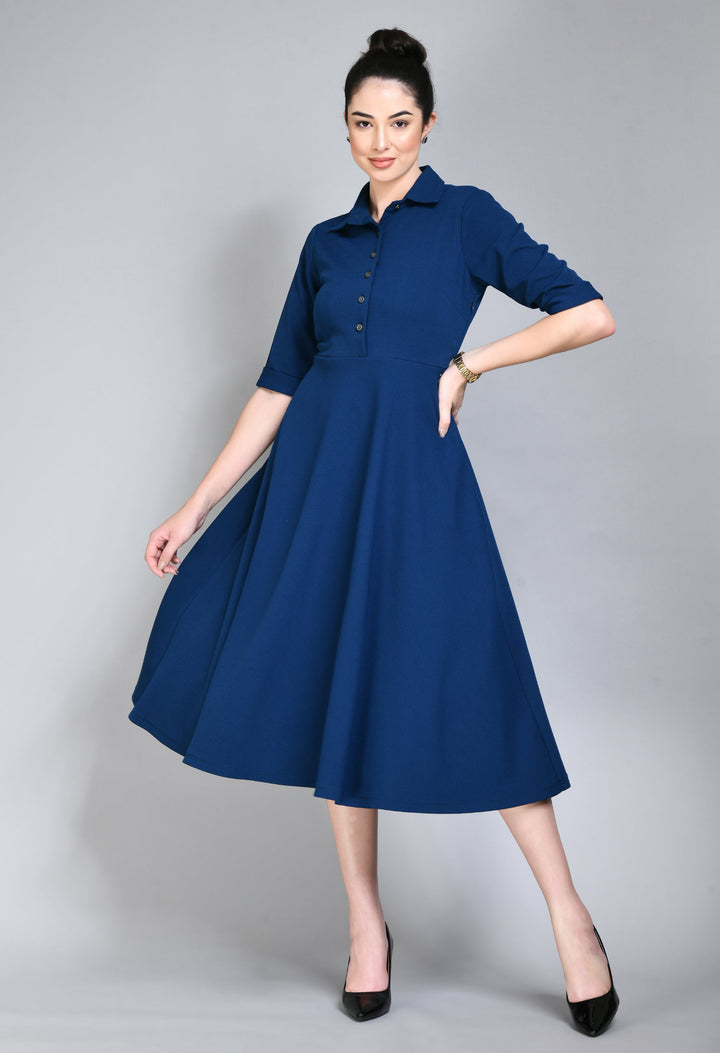 Royal-Blue-Cotton-Blend-Fit-&-Flared-Shirt-Midi-Dress