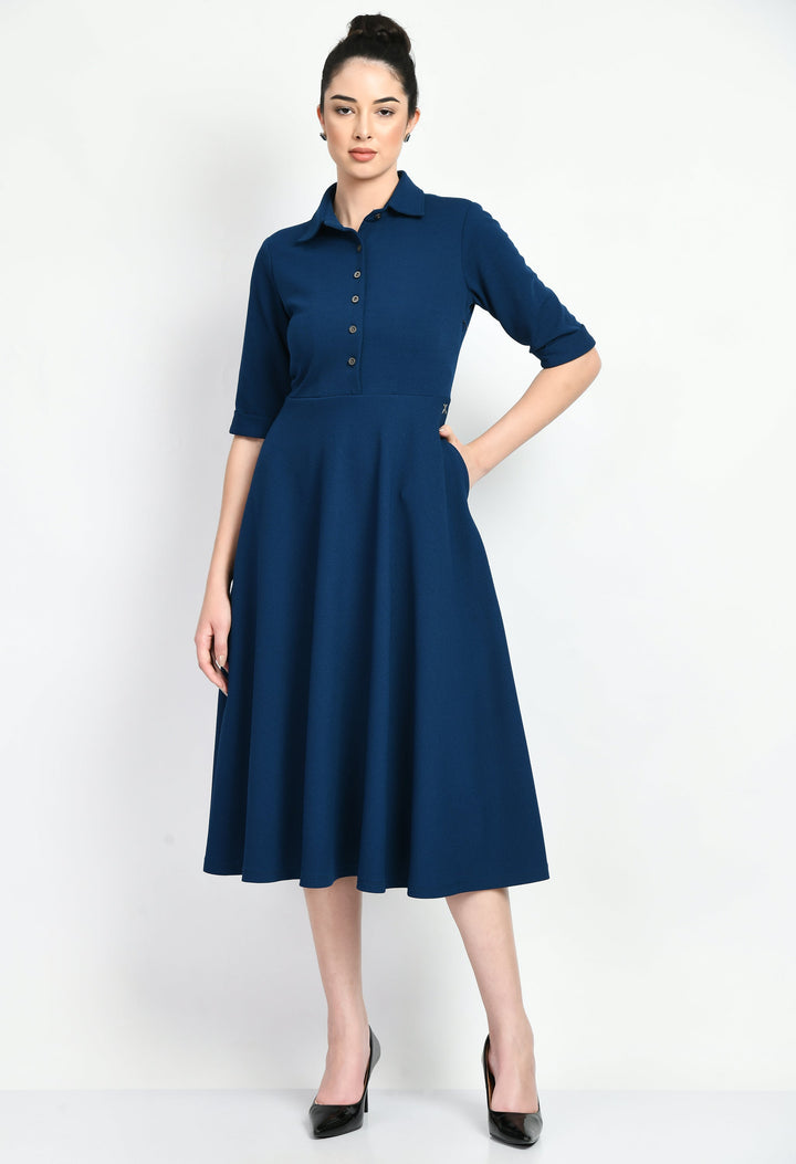 Royal-Blue-Cotton-Blend-Fit-&-Flared-Shirt-Midi-Dress