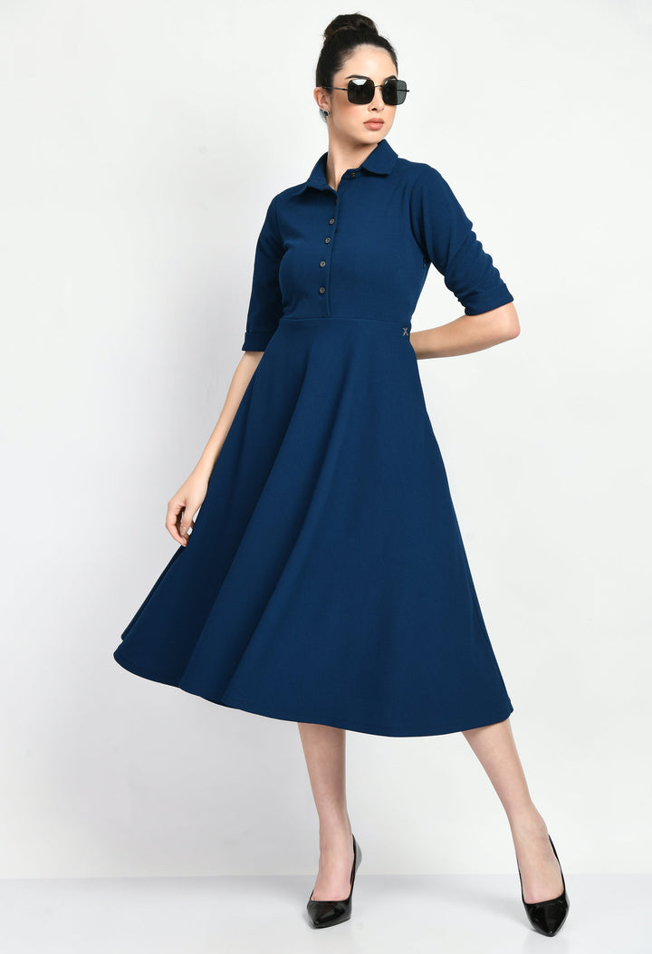 Royal-Blue-Cotton-Blend-Fit-&-Flared-Shirt-Midi-Dress