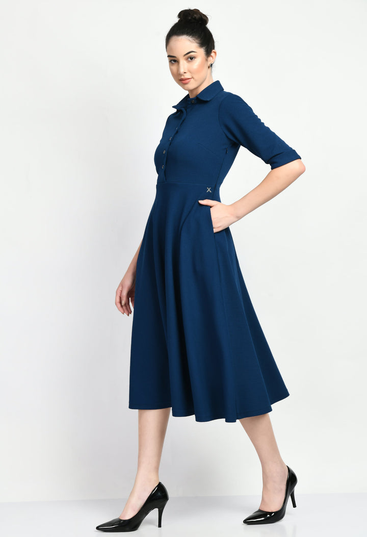 Royal-Blue-Cotton-Blend-Fit-&-Flared-Shirt-Midi-Dress