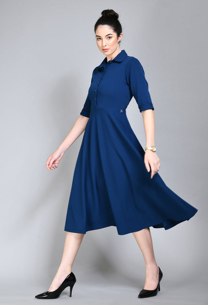 Royal-Blue-Cotton-Blend-Fit-&-Flared-Shirt-Midi-Dress