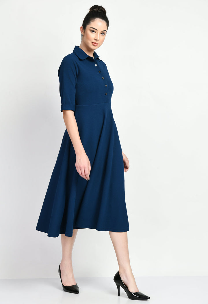 Royal-Blue-Cotton-Blend-Fit-&-Flared-Shirt-Midi-Dress