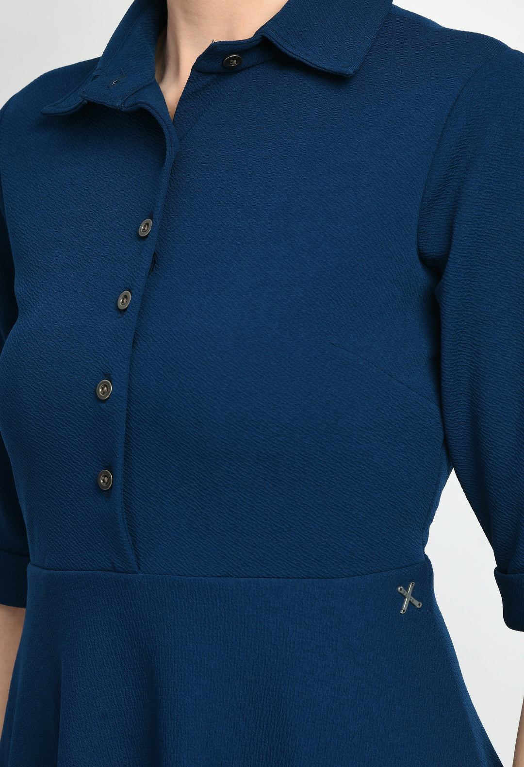 Royal-Blue-Cotton-Blend-Fit-&-Flared-Shirt-Midi-Dress